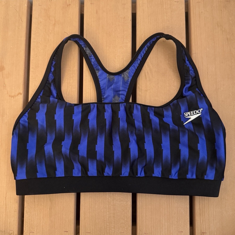 Speedo Placement Racerback Swimsuit Bikini Top Blue Black Sporty Women's Size 10